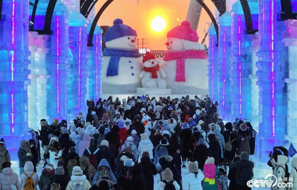 哈尔滨冰雪大世界飘雪长廊现冬日仙境 造雪机营造梦幻雪花飞舞场景-峰峦文旅景区有限公司